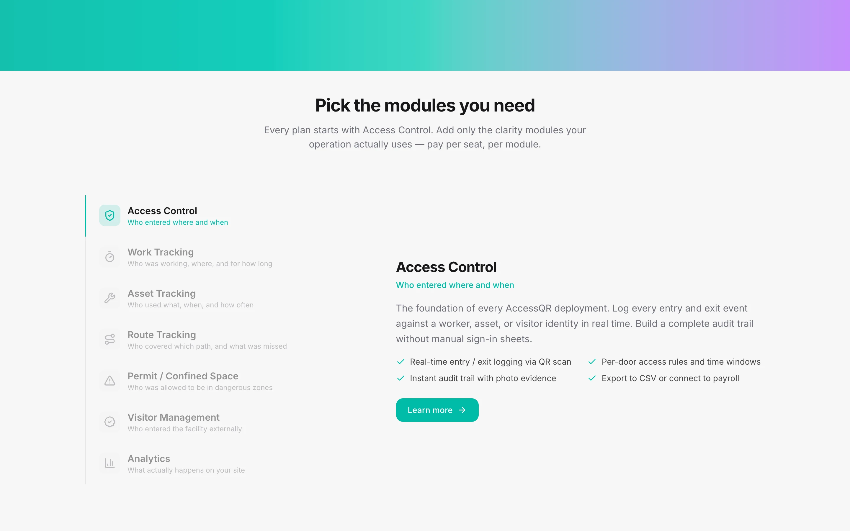 The module picker on the new AccessQR site