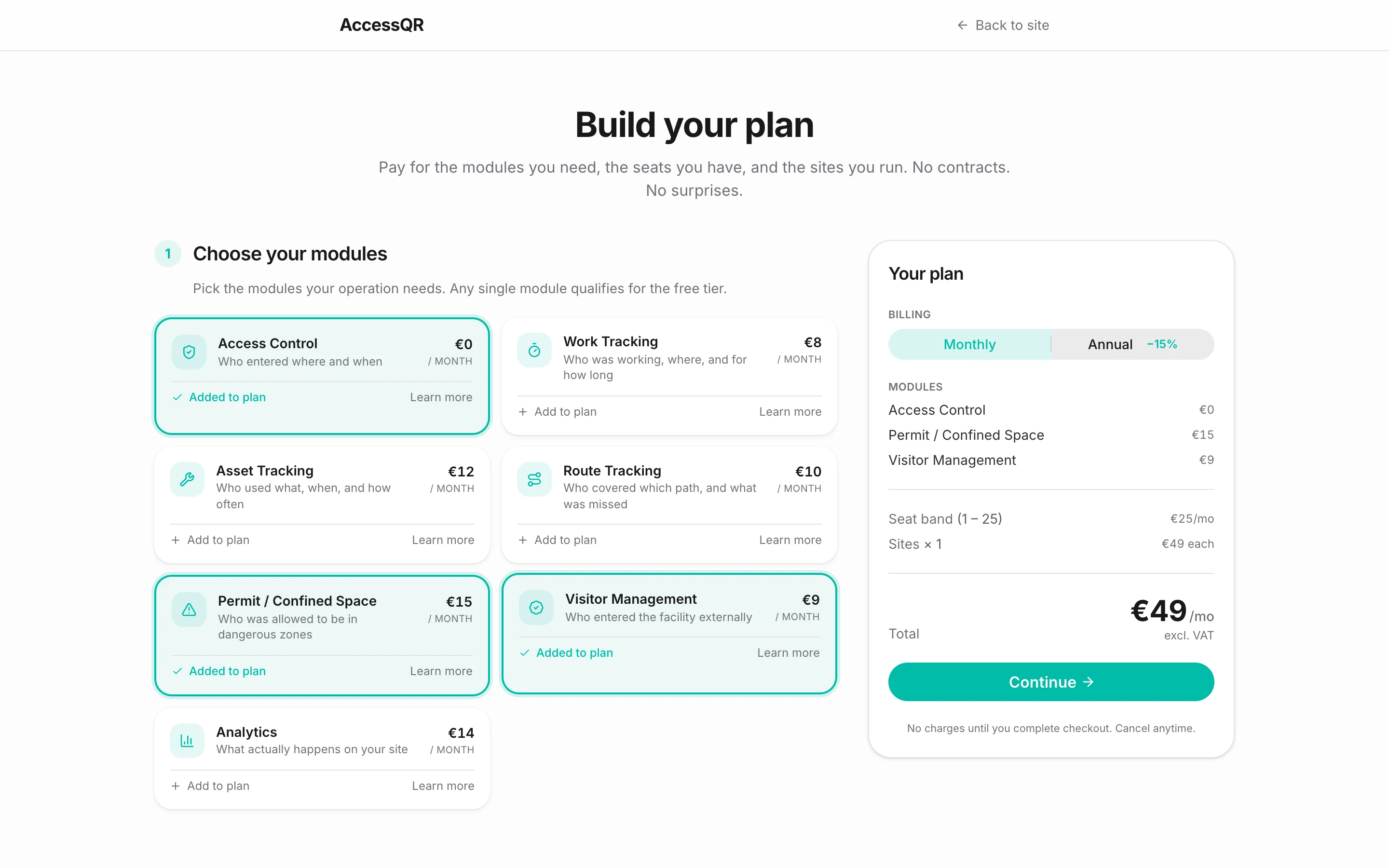 The plan builder with three modules added and a monthly total of 49 euro