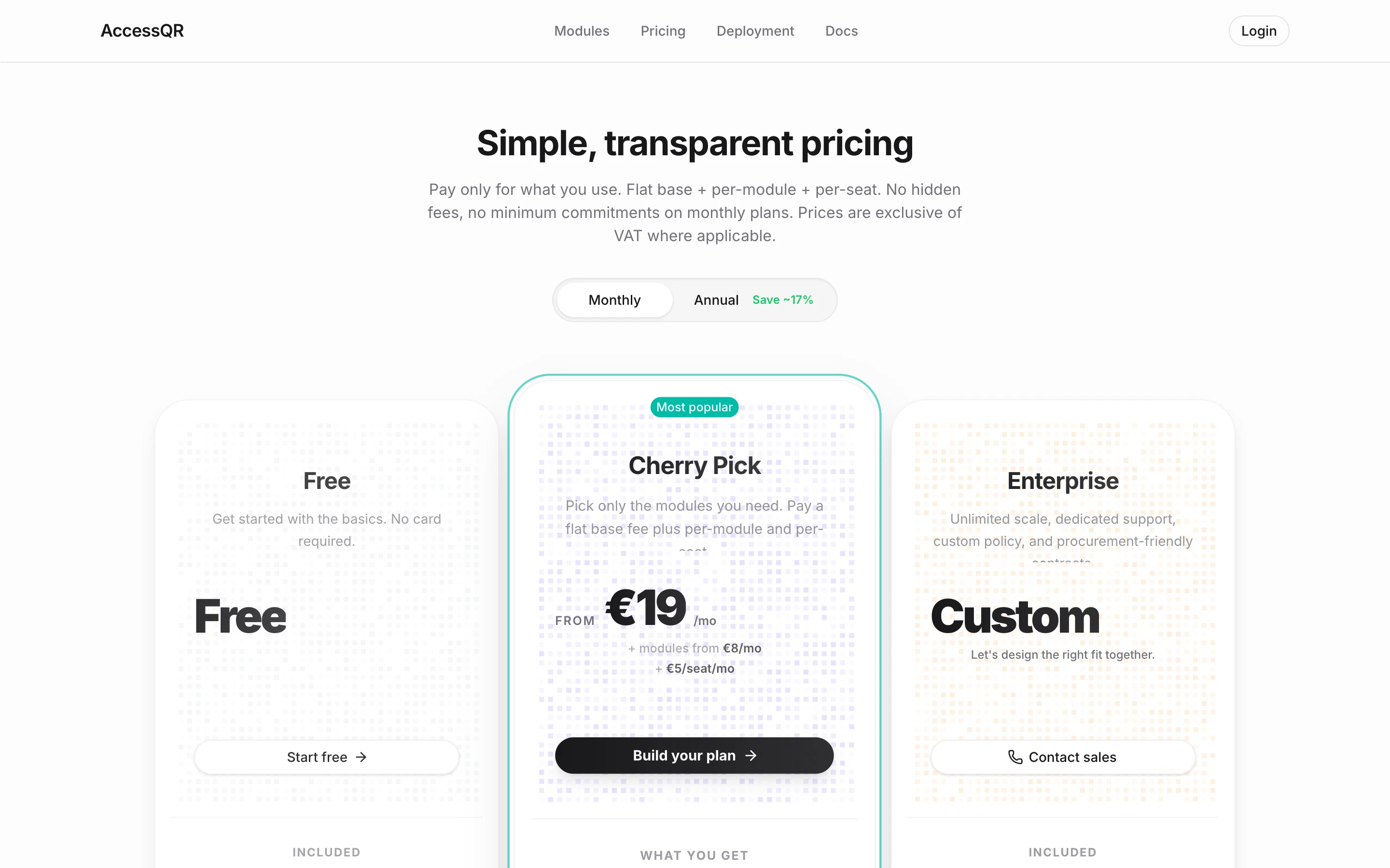 Three pricing plans: Free, Cherry Pick from 19 euro a month, and Enterprise
