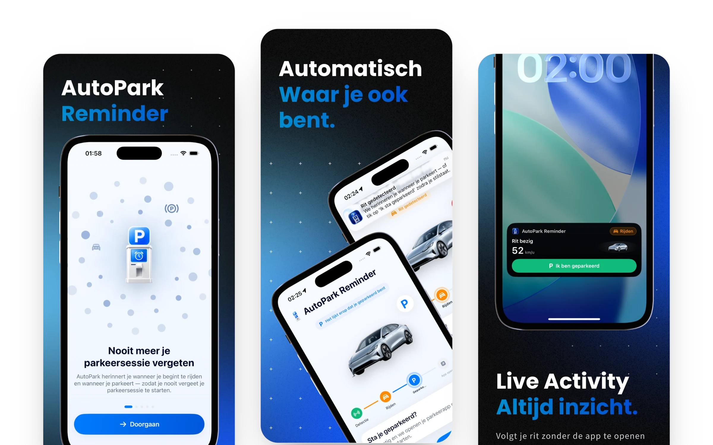 Three App Store screenshots of AutoPark Reminder: onboarding, automatic drive detection, and the Live Activity on the Lock Screen