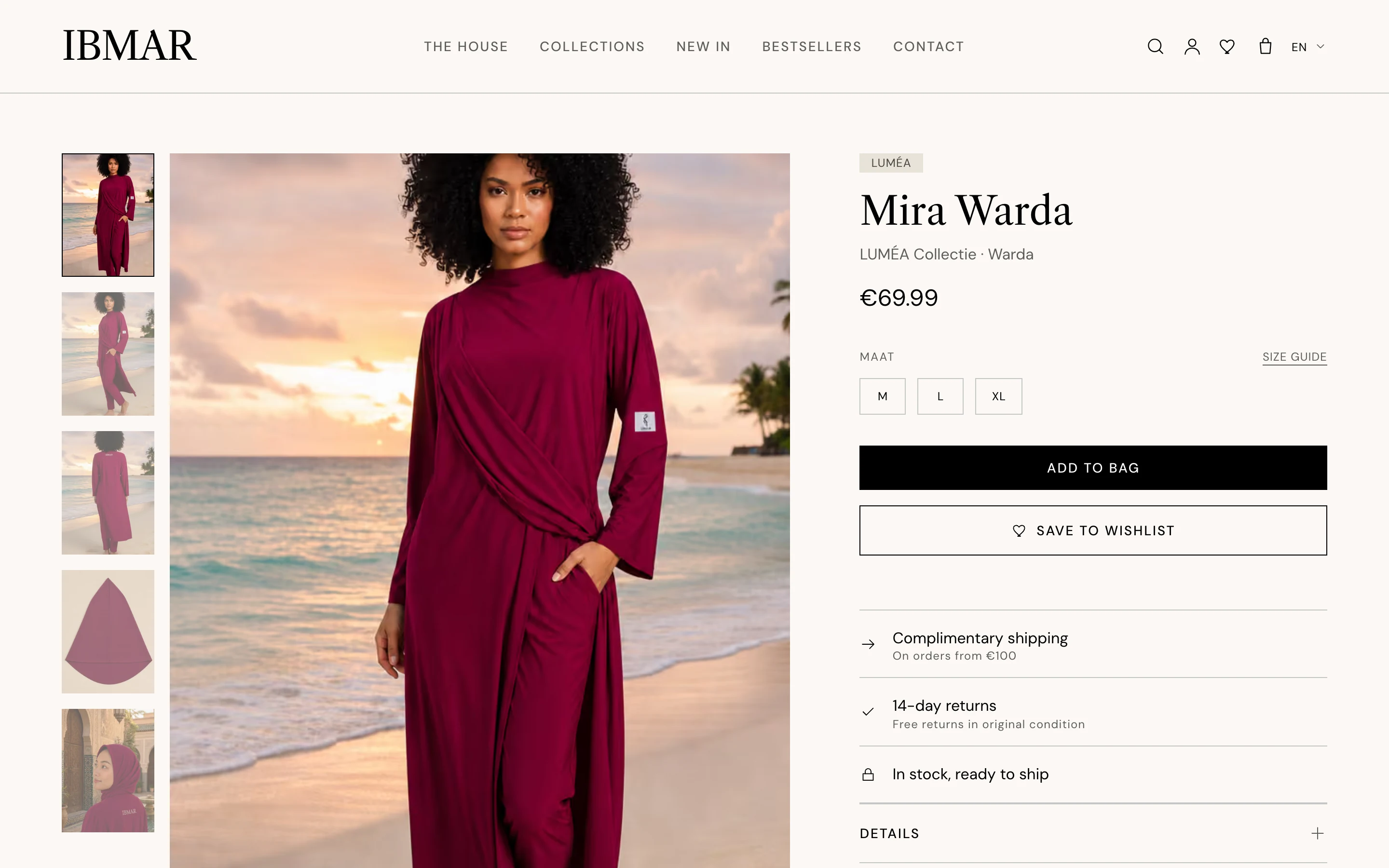The product page for Mira Warda with a photo gallery, size options and add-to-bag