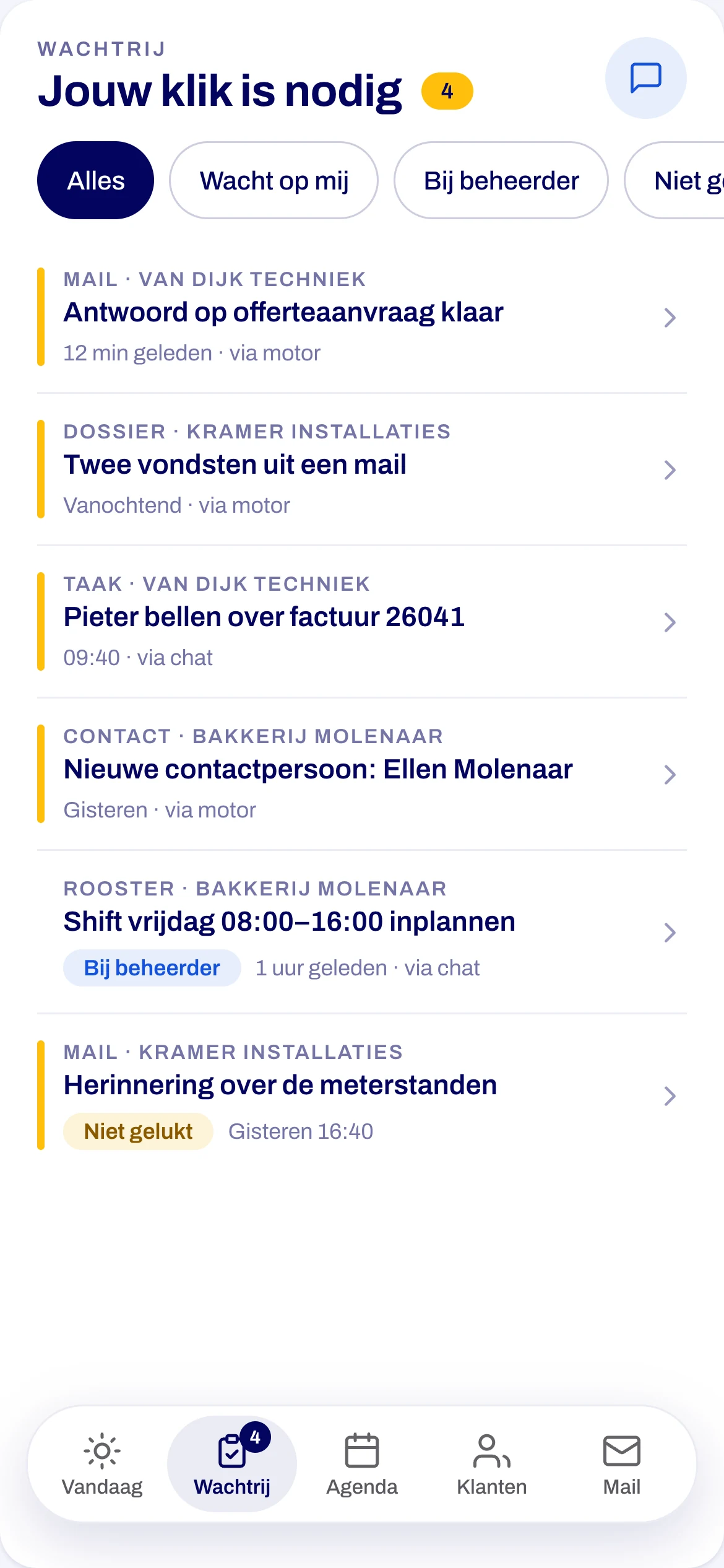 The Wachtrij screen listing prepared items that need a person