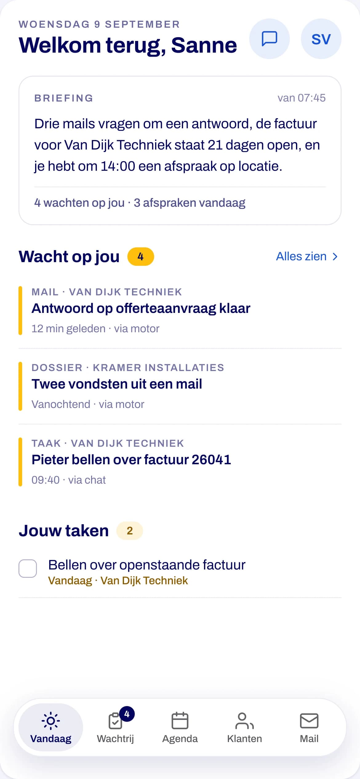 The Vandaag screen with a briefing, waiting items, tasks and appointments